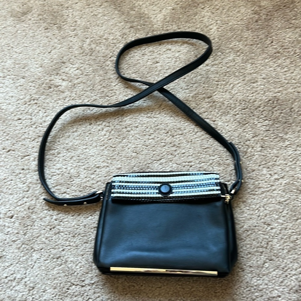 POUR LA VICTOIRE Black & White Woven Accent Leather Chanteuse Crossbody Bag